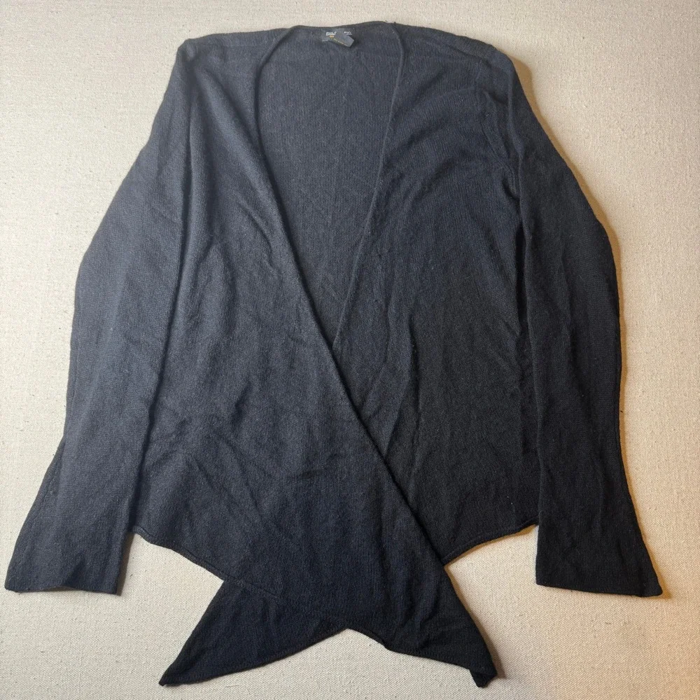 100% Cashmere Tie Front Wrap Cardigan Sweater L Black Balletcore Quiet Luxury
